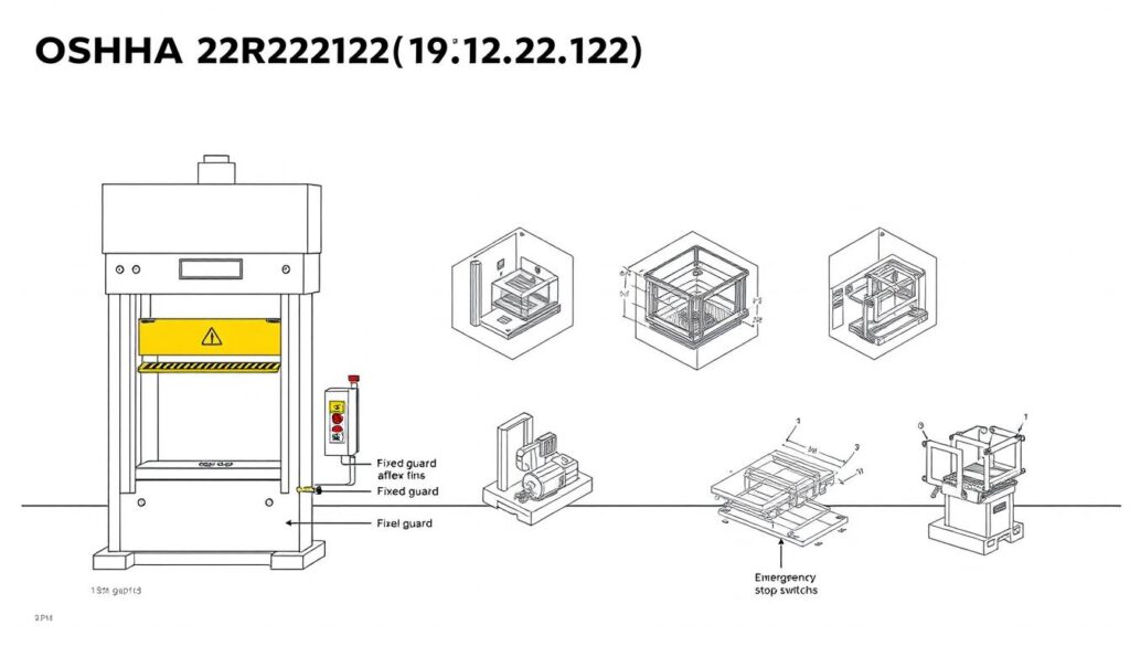 OSHA 29 CFR 1910.212 machine guarding requirements poster showing barrier guard placement on hydraulic press