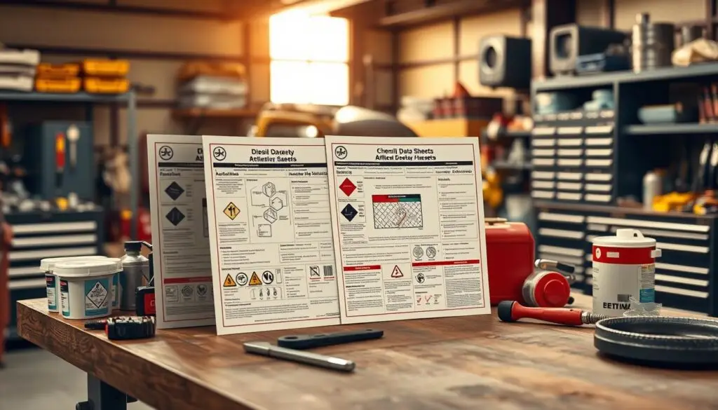 diesel technician reviewing safety data sheets and chemical labels for OSHA compliance
