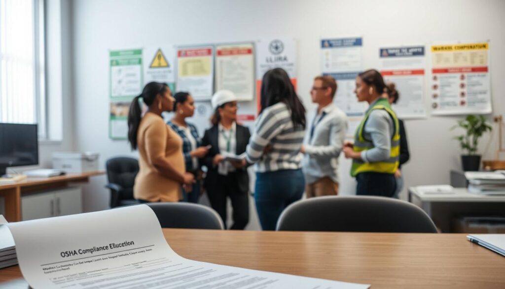 Workers compensation paperwork and OSHA compliance forms on desk in fleet office