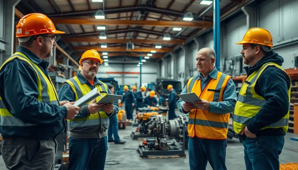 OSHA compliance officer conducting inspection at heavy duty truck repair facility