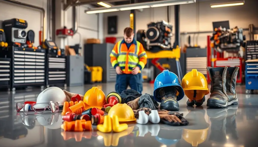 Diesel technician wearing proper PPE including safety glasses, gloves, and hearing protection