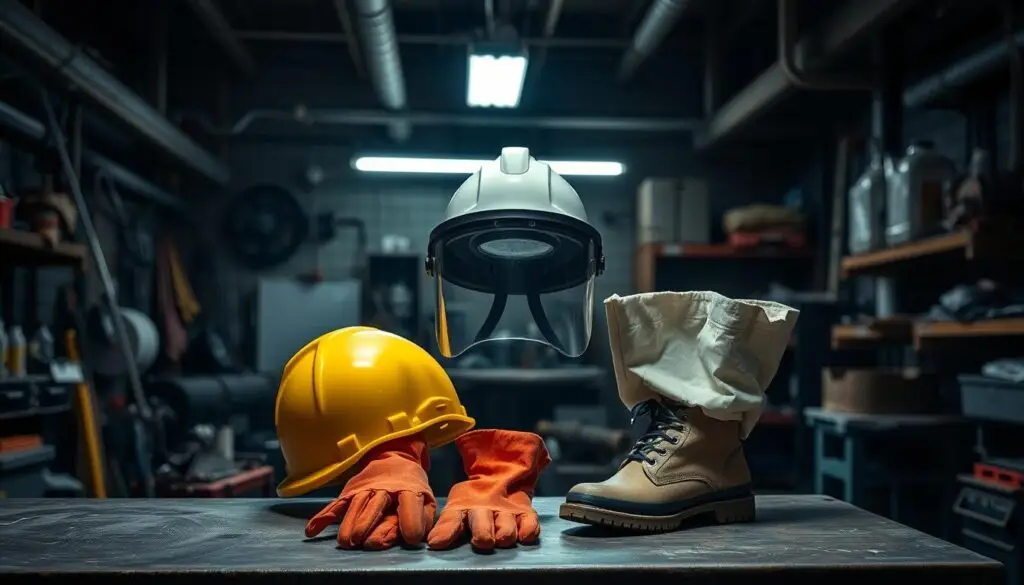 diesel technician wearing proper chemical resistant gloves and respiratory protection equipment
