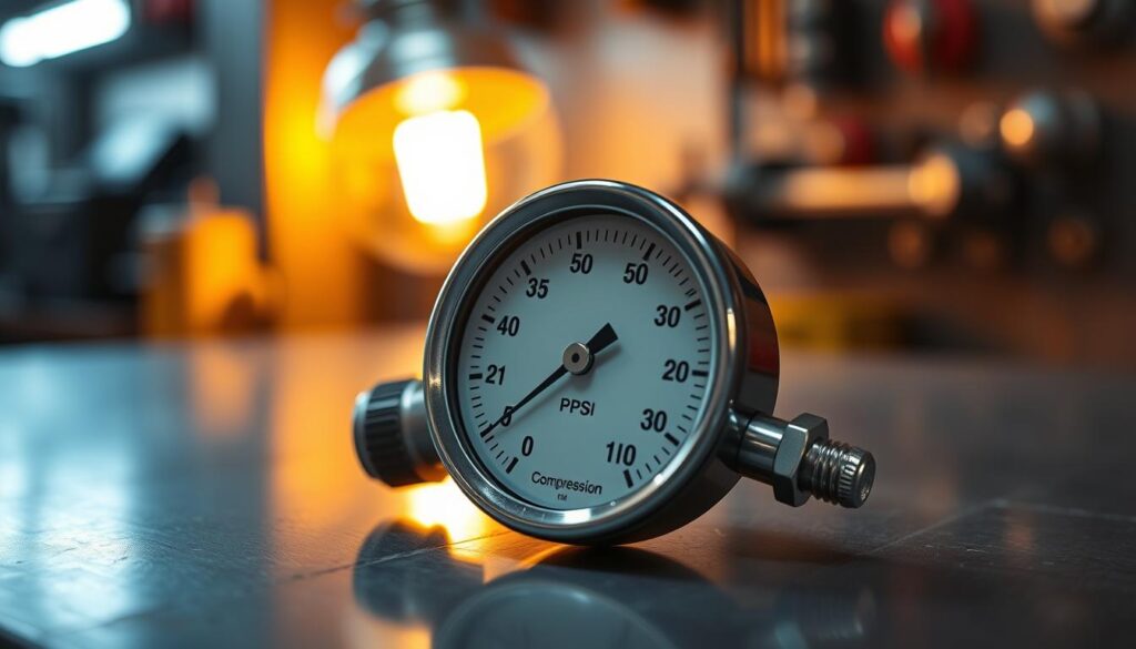 Close-up of dual-scale PSI gauge on professional diesel compression tester
