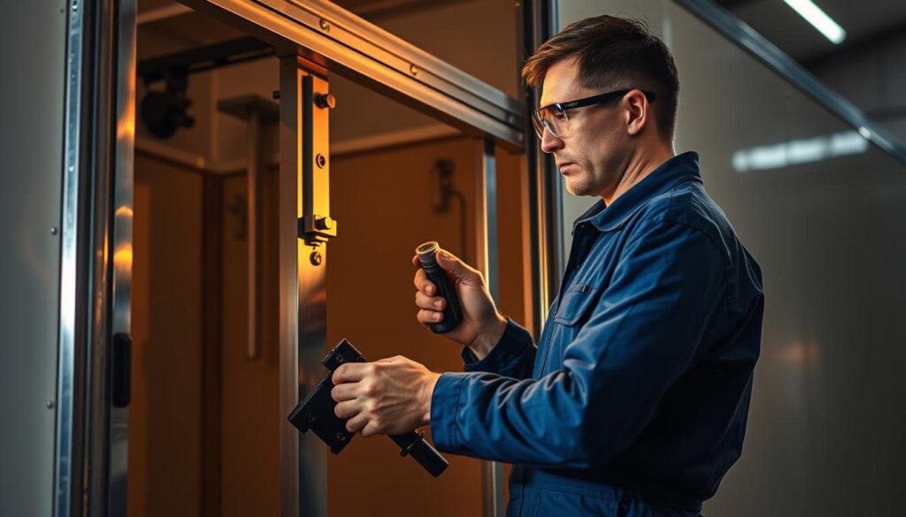 Professional mobile repair technician working on trailer door hardware at fleet yard