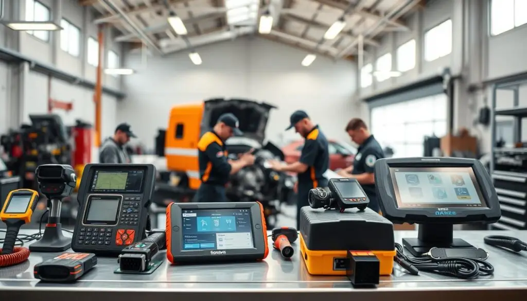 Diesel technician using laptop diagnostic system on commercial truck in shop bay