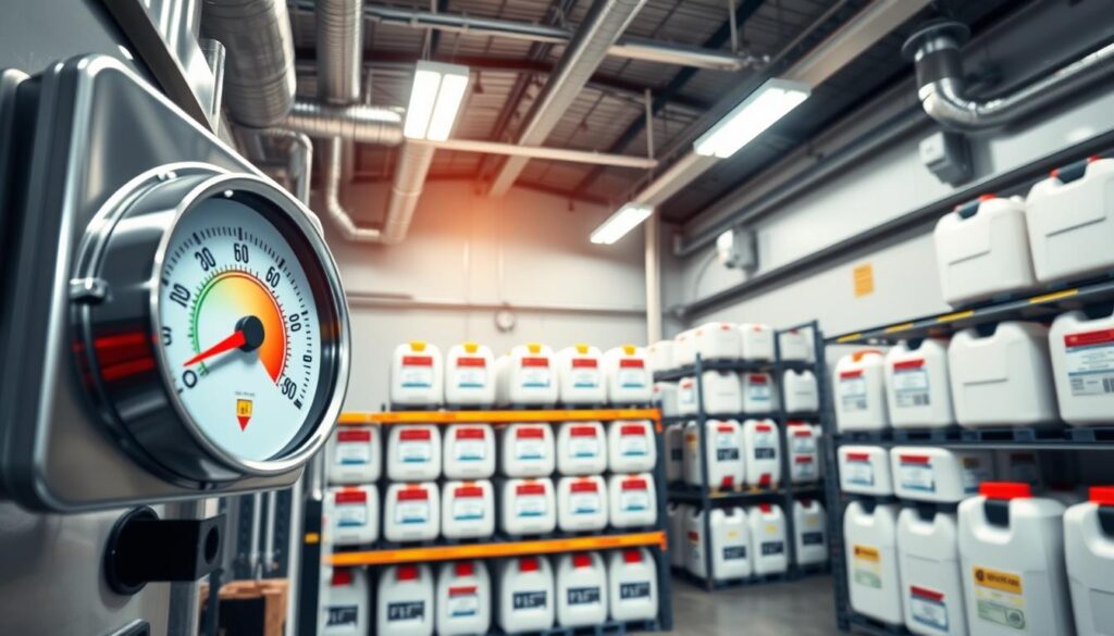 Climate-controlled DEF storage area with temperature monitoring equipment