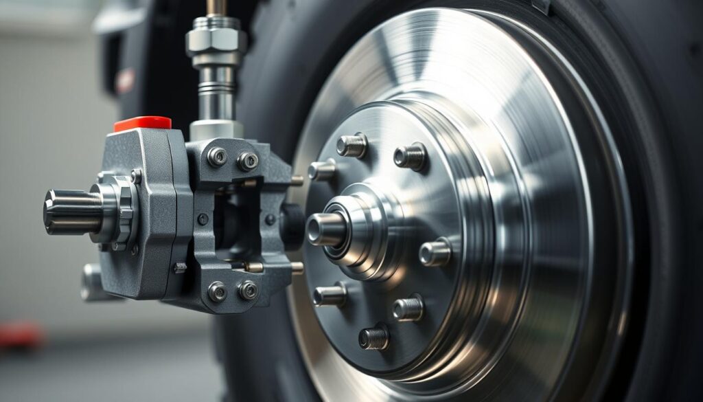 RELS RB200 on-car brake lathe system attached to vehicle wheel hub during rotor resurfacing