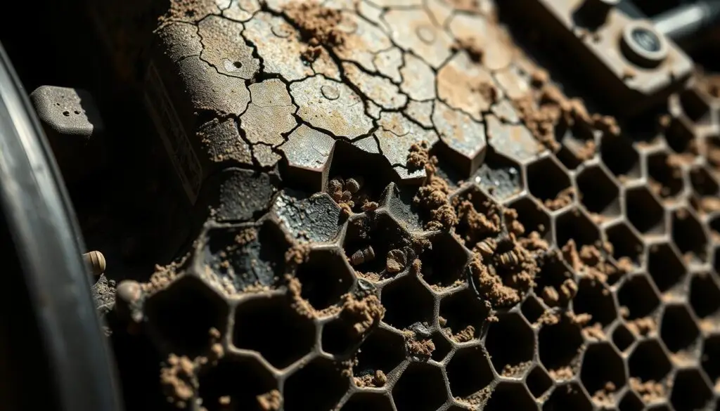 Cross-section view of SCR catalyst showing damage from DEF contamination