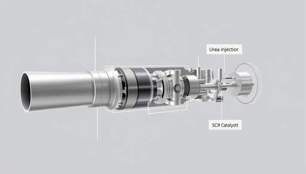 SCR technology diesel exhaust fluid injection system showing injector, catalyst, and DEF tank