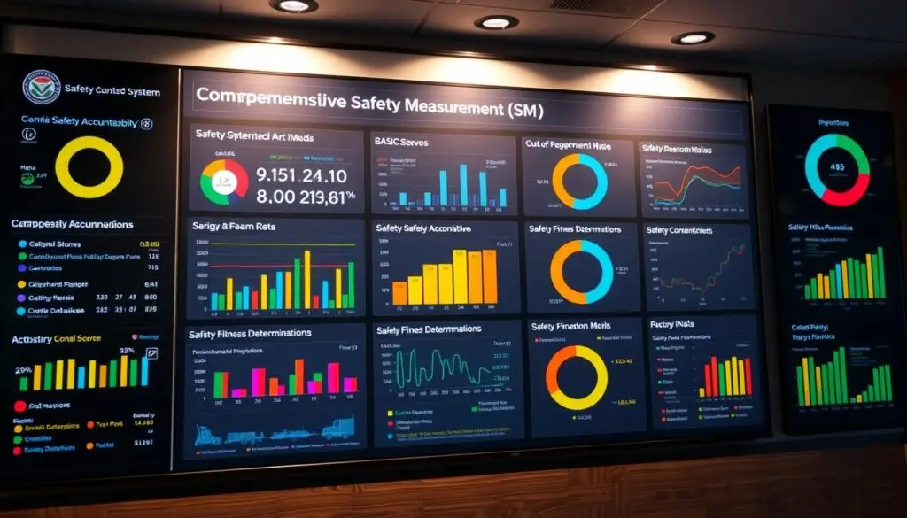 Safety measurement system dashboard displaying seven BASIC categories with percentile rankings and intervention thresholds