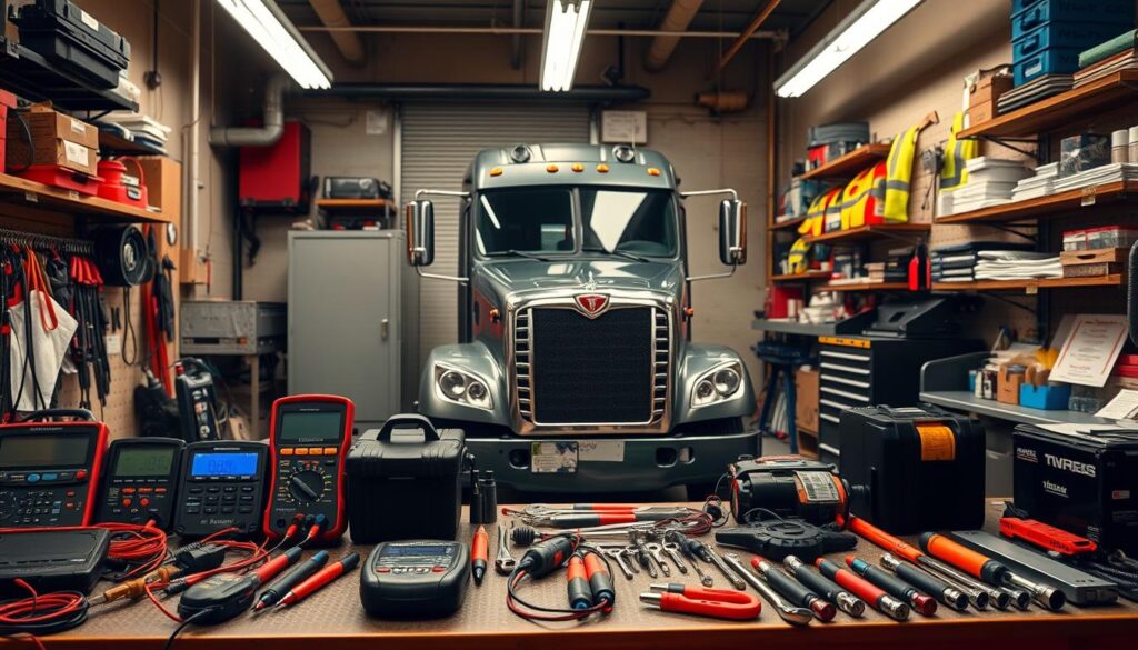 Fleet diagnostic tools including digital voltmeter and clamp meter for alternator testing