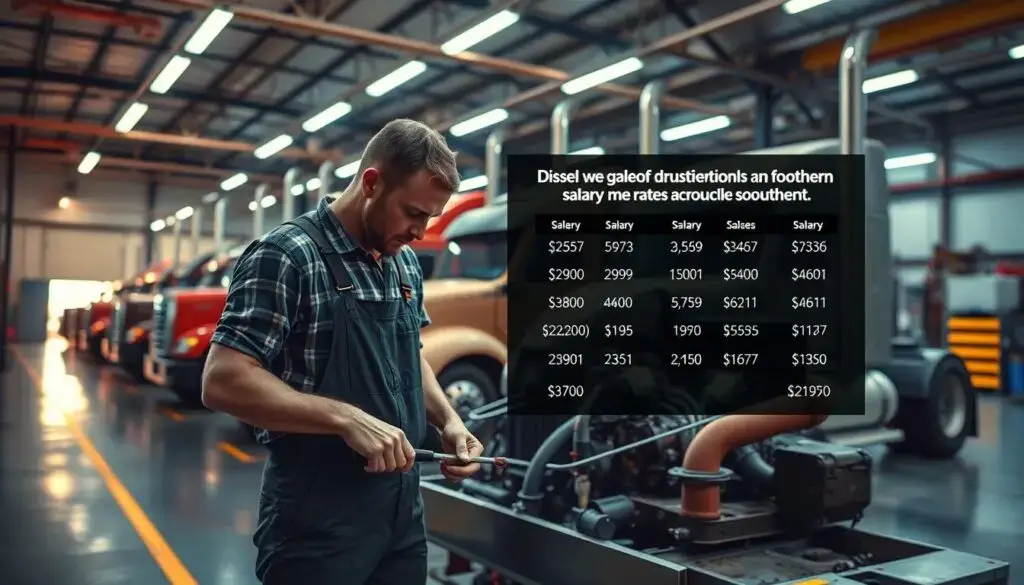 Map highlighting diesel mechanic salary variations across Southern United States