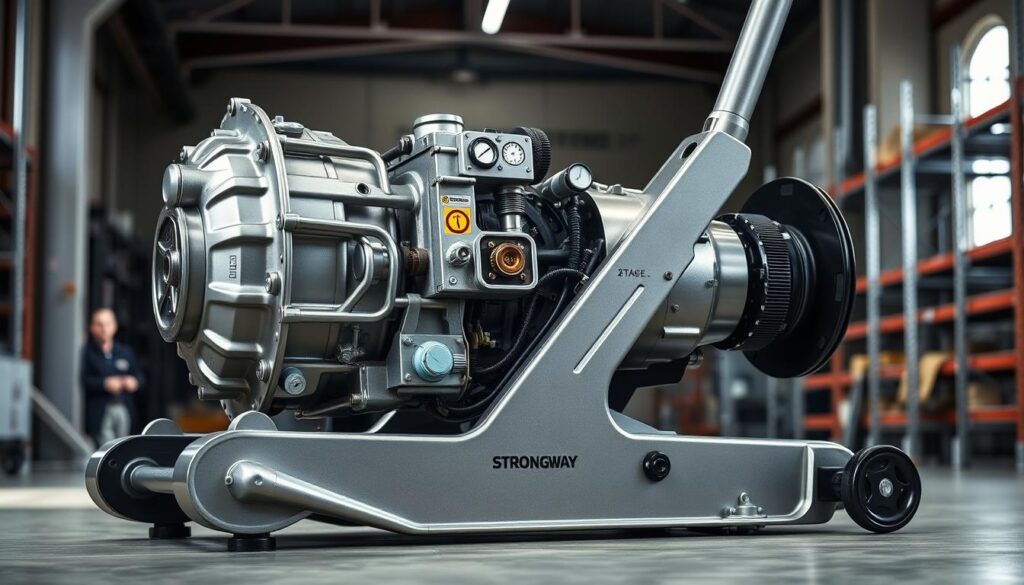 Strongway 2-stage telescopic transmission jack supporting commercial truck drivetrain