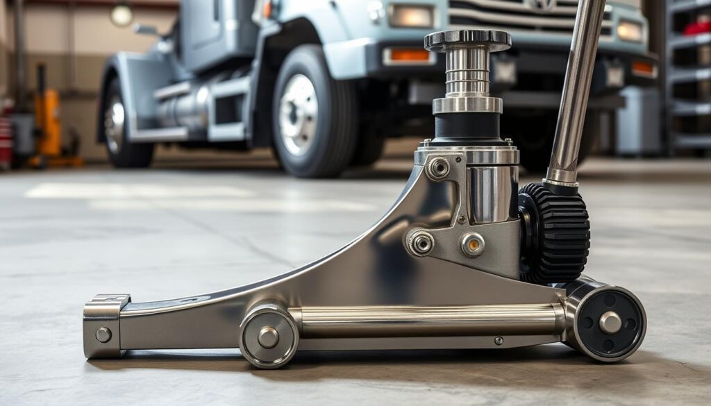 Sunex 7793 HD air hydraulic transmission jack extended in commercial service bay