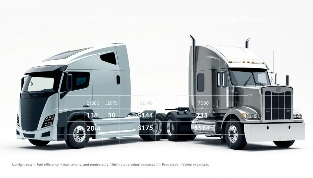 Graph comparing total cost of ownership curves for electric versus diesel trucks over 5-year and 10-year periods