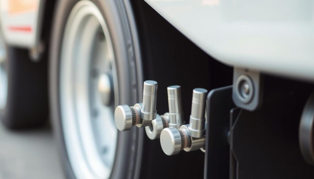 Cap-based TPMS sensors threaded onto trailer tire valve stems showing external mounting design
