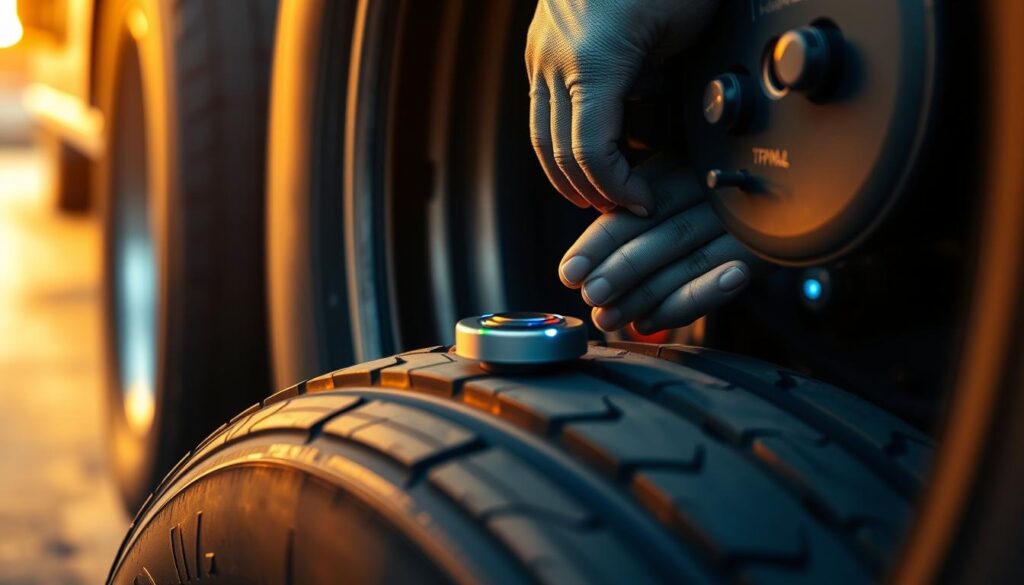 Monitor display showing TPMS sensor calibration process with pressure readings for each trailer tire position