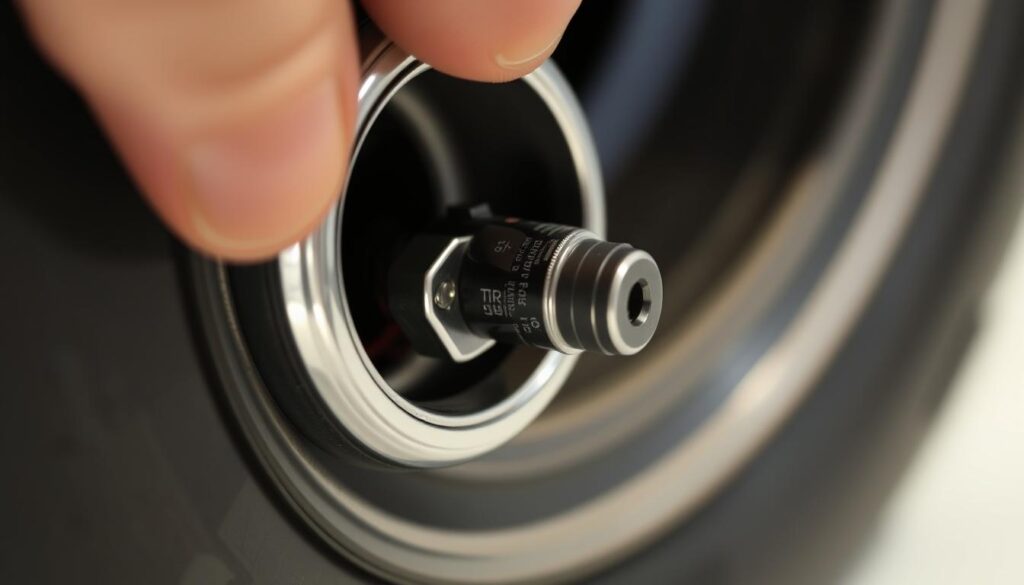 Technician installing flow-through TPMS sensor into trailer tire valve stem using proper tools