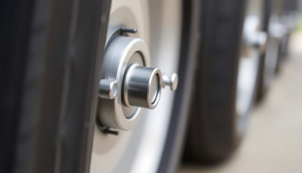 TPMS sensors installed on trailer tire valve stems showing flow-through design and wireless transmitter components