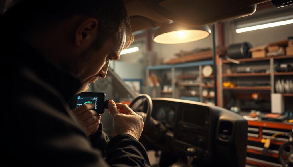 Technician diagnosing TPMS communication issues using monitor display and signal testing equipment