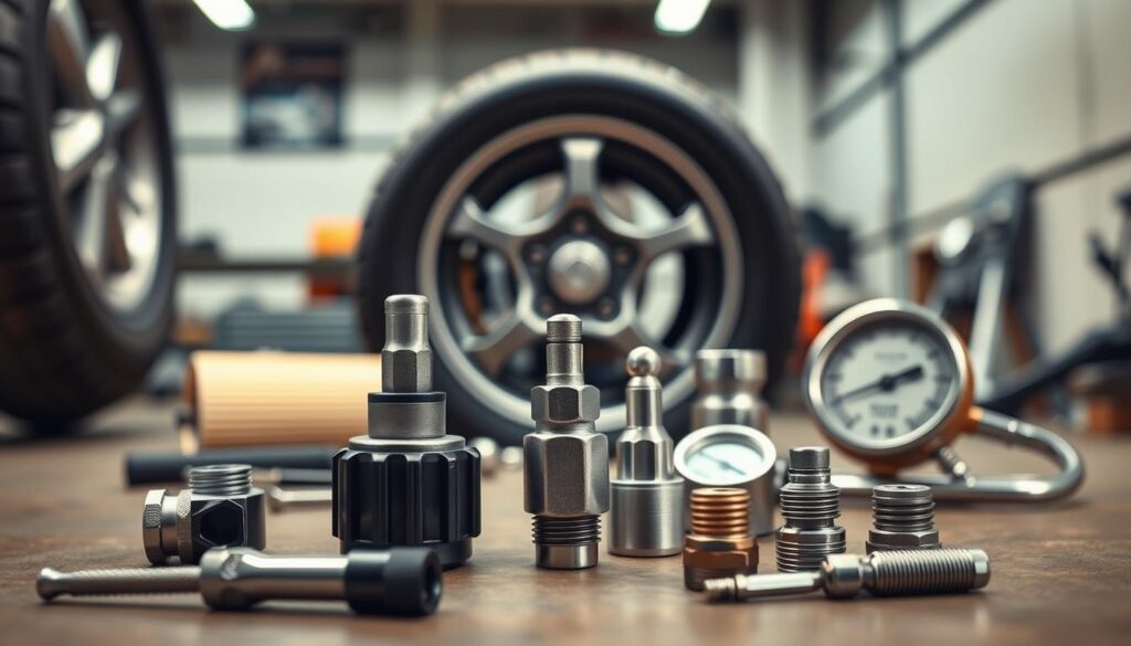 TPMS installation tools including torque wrench, valve stem tool, and pressure gauge for proper sensor mounting
