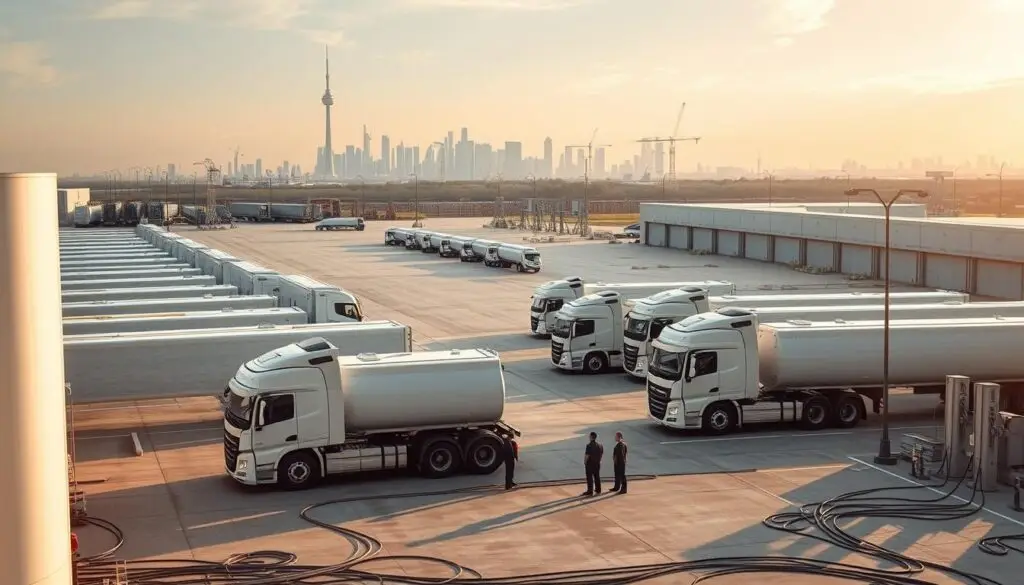 Commercial depot showing mix of AC Level 2 and DC fast chargers with proper spacing and electrical infrastructure