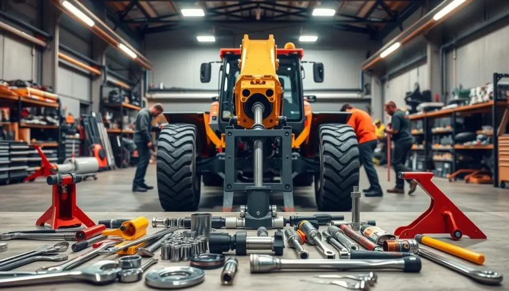 Telehandler positioned on level ground with boom supported for cylinder removal