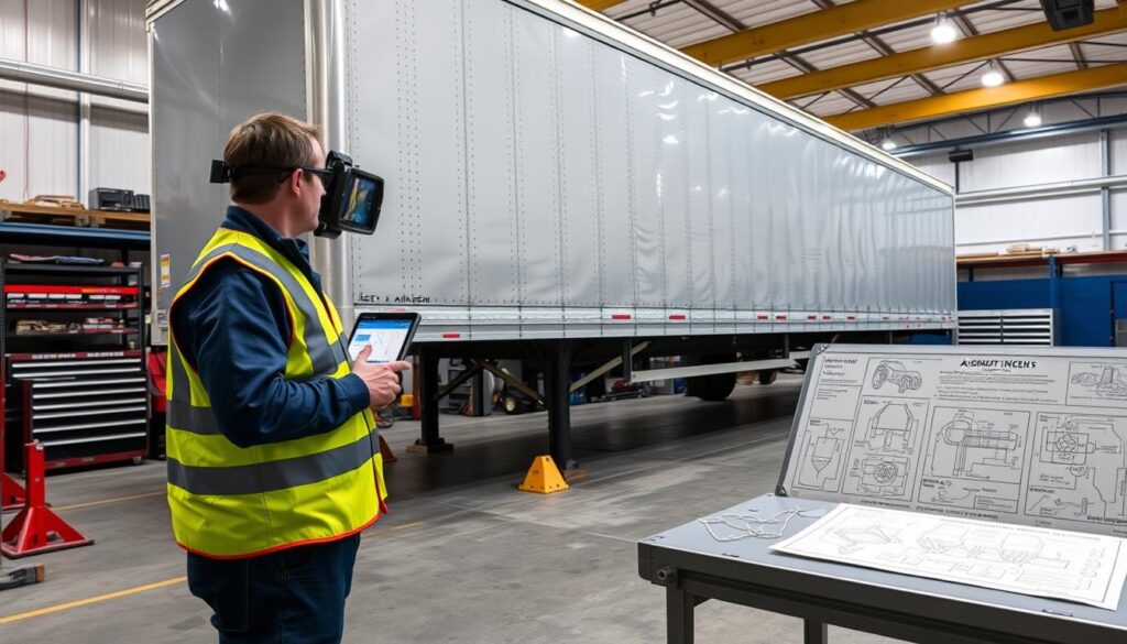 Trailer lifting safety procedures showing proper jack stand placement and workspace preparation