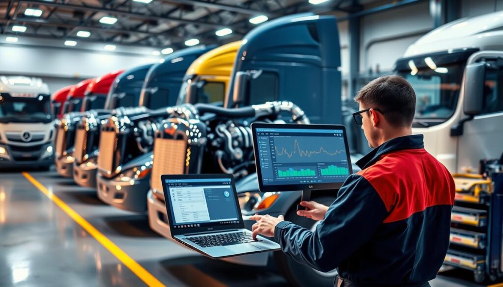 Diesel technician using diagnostic laptop connected to heavy-duty truck engine