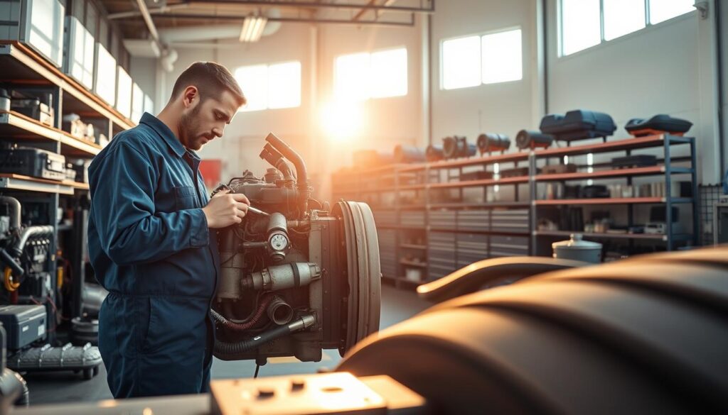 Diesel technician performing diagnostic test on commercial truck engine systems