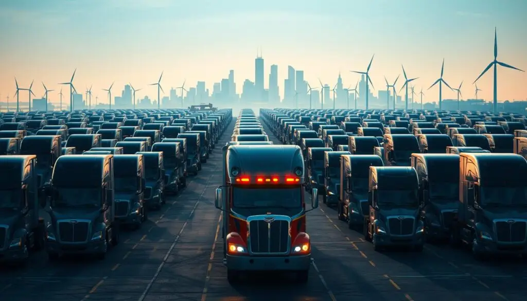 Heavy-duty electric trucks charging at commercial depot with solar canopy and management systems
