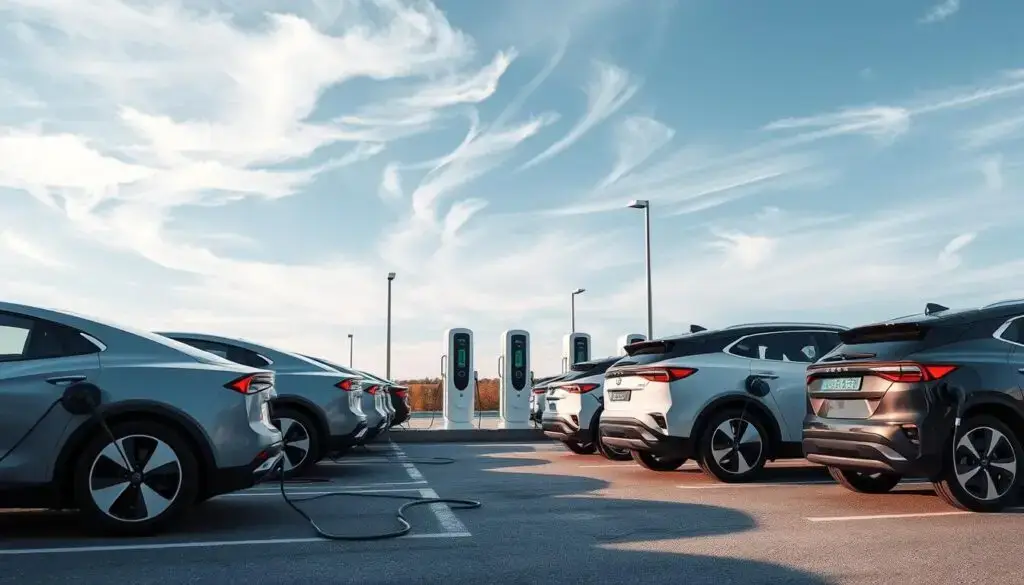 Fleet depot with multiple DC fast chargers and electric heavy-duty trucks charging simultaneously