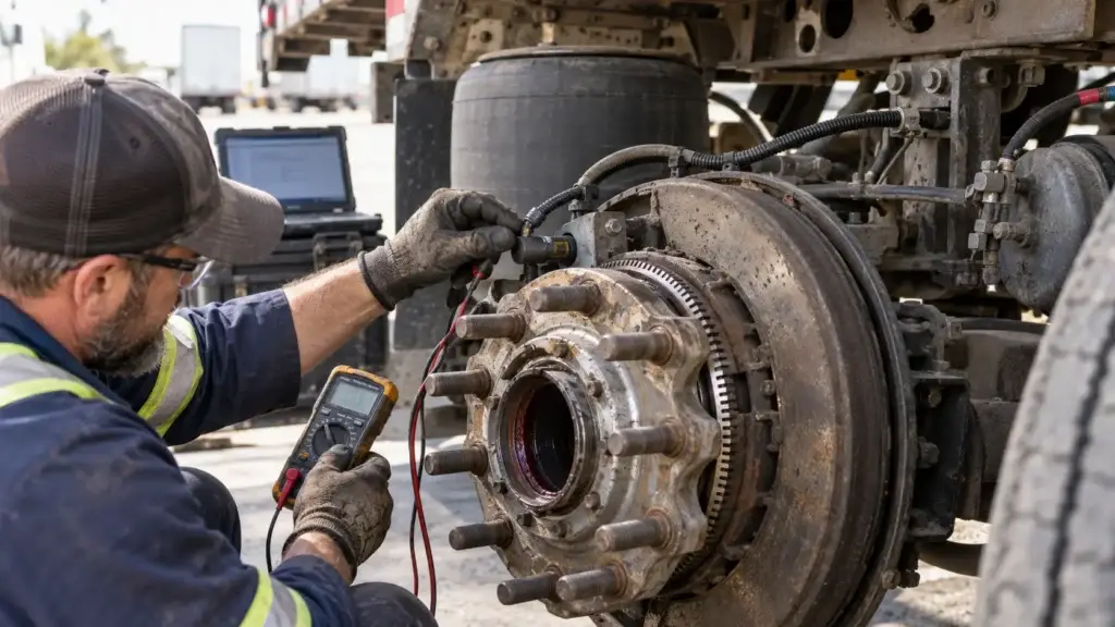 Diesel technician diagnosing a heavy-duty truck ABS wheel speed sensor and brake system with a diagnostic computer.