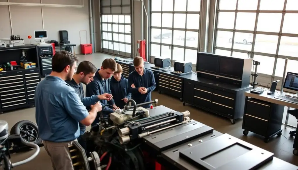 Students in an accelerated diesel mechanic training lab working on engine components
