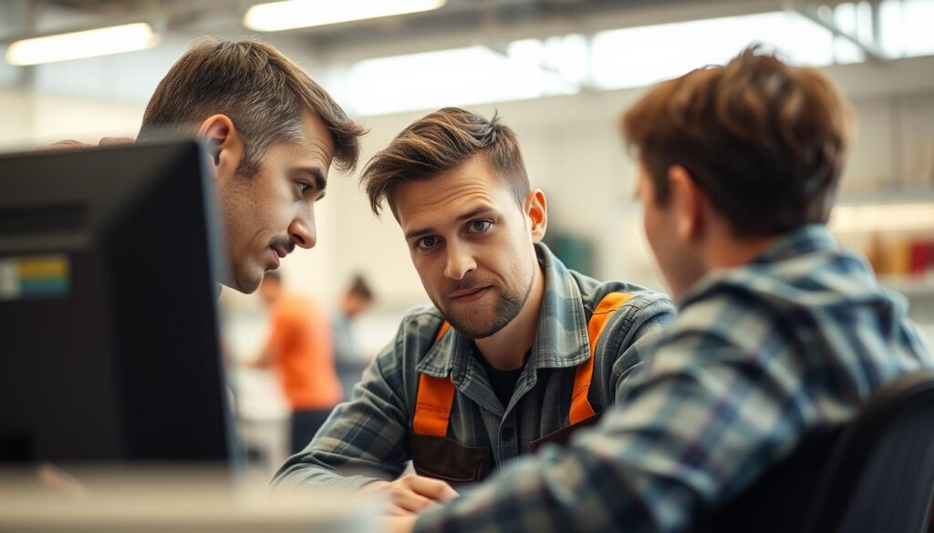 Service technician actively listening to customer describing truck symptoms at shop counter