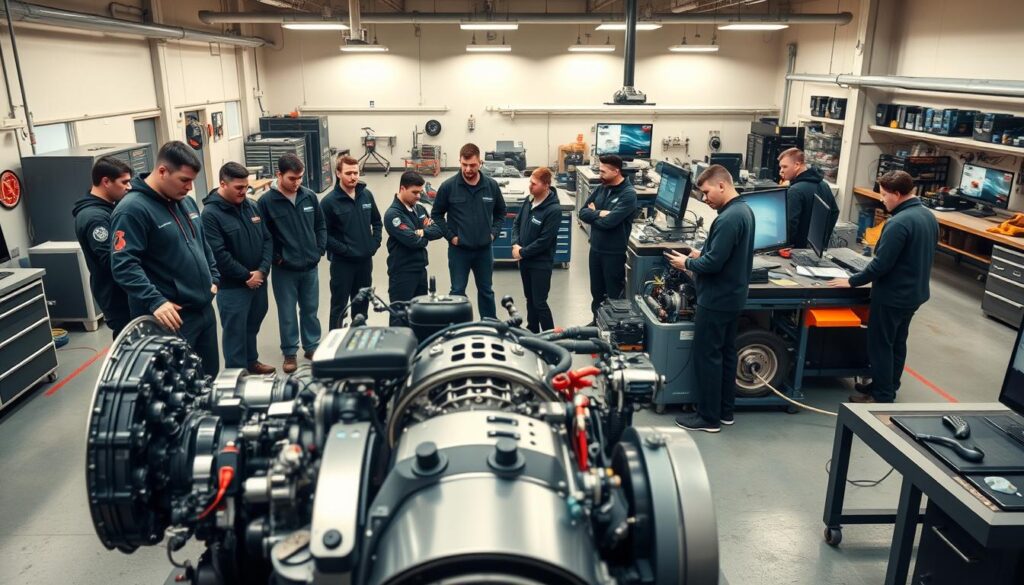 Diesel technician using advanced diagnostic equipment for electronic engine troubleshooting