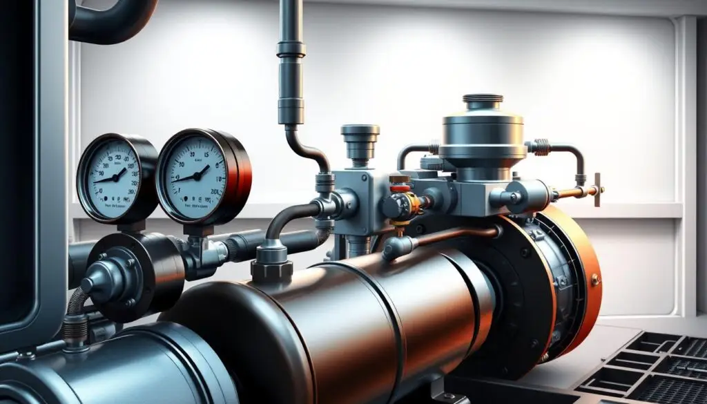 Detailed diagram of air brake system components including compressor and dual pressure gauges