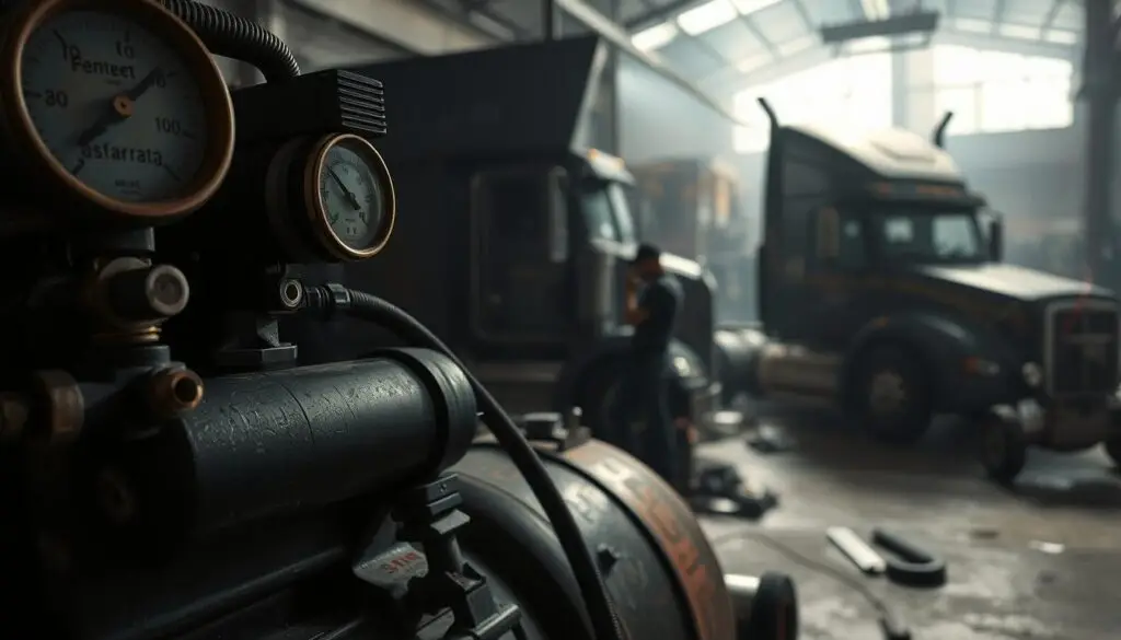 Air compressor running excessively due to pneumatic system leaks in commercial truck