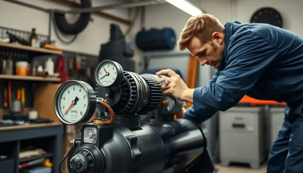 Technician testing air compressor pressure with dual gauge manifold in fleet shop