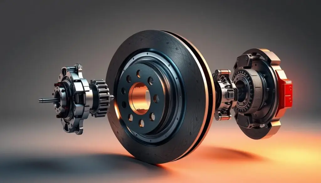 Air disc brake caliper and ventilated rotor assembly showing exposed cooling surfaces