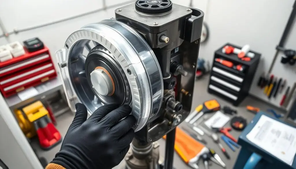 Technician performing visual inspection of air dryer assembly showing key inspection points