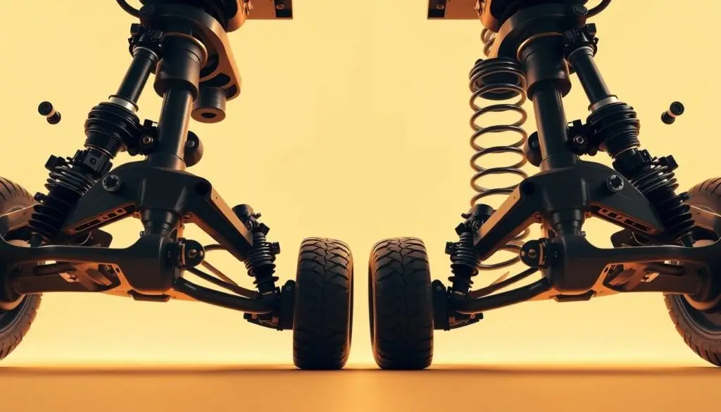 Side-by-side comparison showing air ride suspension with pneumatic bellows versus traditional leaf spring suspension pack