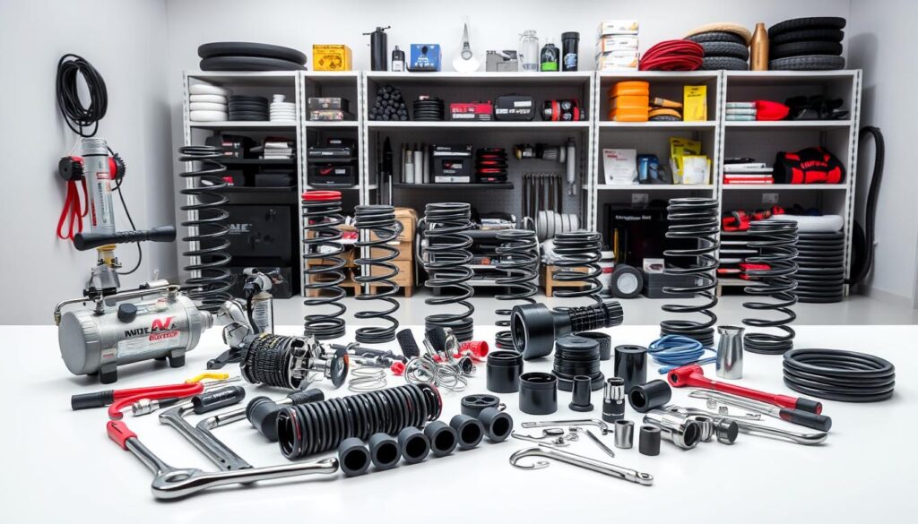 Air spring replacement tools including torque wrench, socket sets, jack stands, and safety equipment