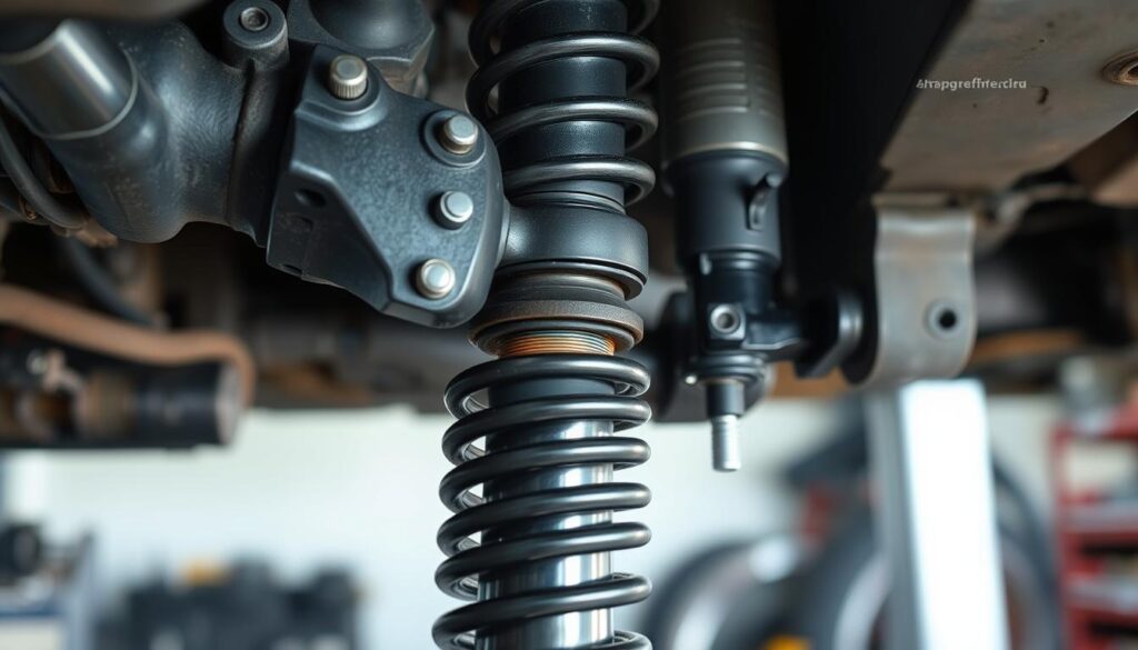 Technician removing air spring mounting hardware during trailer suspension service
