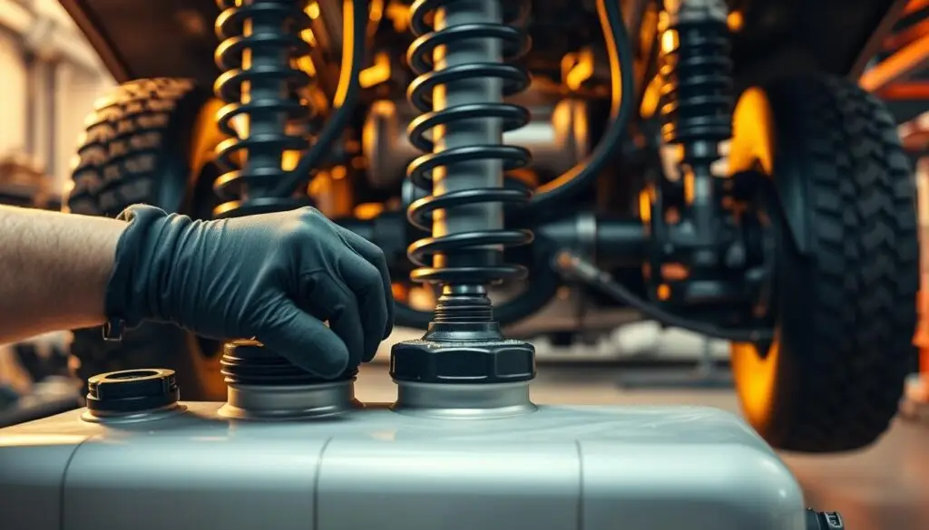 Maintenance technician draining moisture from air suspension tank reservoir on heavy-duty truck