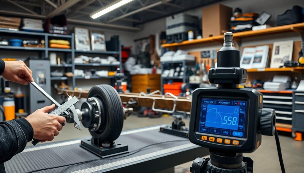 Trailer alignment inspection showing measurement reference points and string line setup