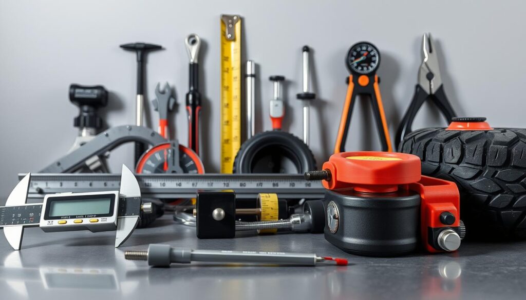 Essential alignment tools including tape measure, squares, calipers, and string line for trailer work