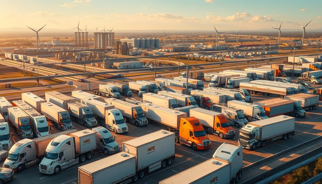Semi trucks at a modern fleet facility with alternative fuel infrastructure showing industry transition from diesel