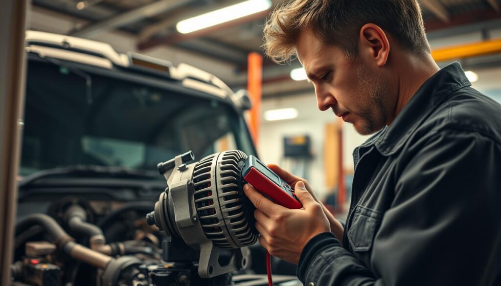Multimeter measuring alternator B+ terminal voltage during engine running test