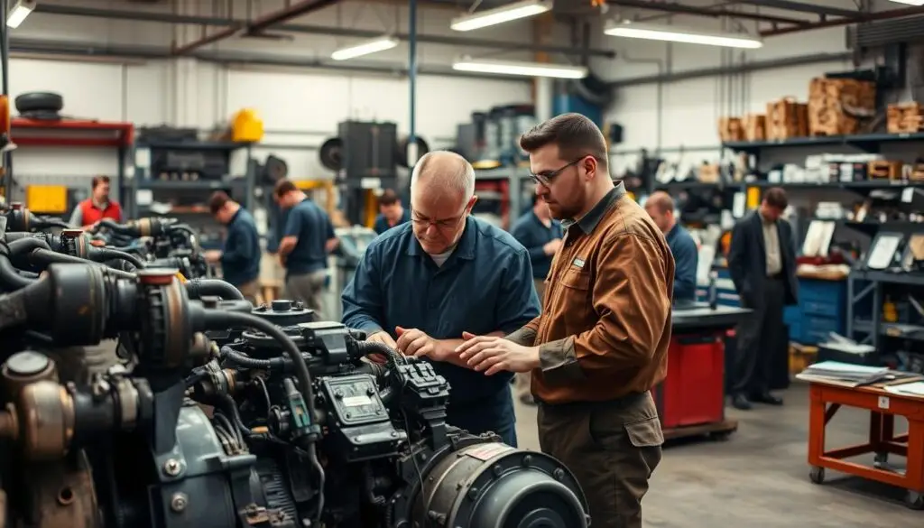 Master technician mentoring apprentice during heavy-duty engine diagnostic procedure in shop